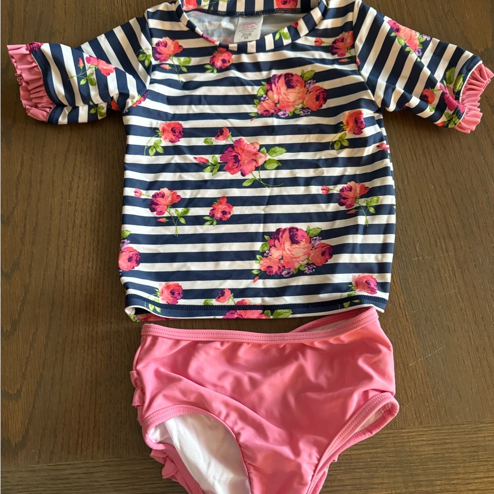 Ruffle Butts Striped Floral Kids Swim Set
